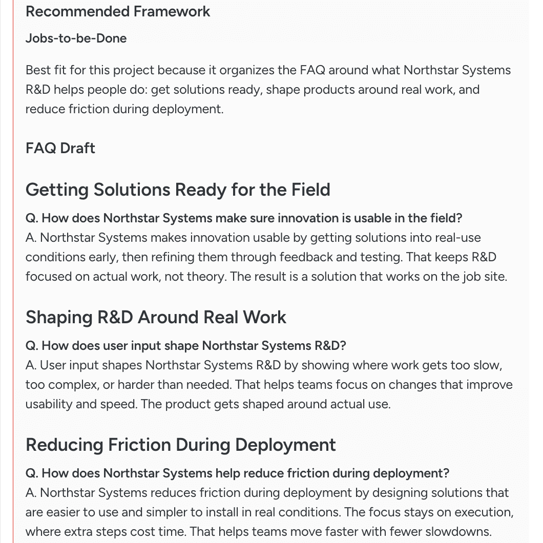 FAQ Writer output: Jobs-to-be-Done framework with structured question-and-answer sections
