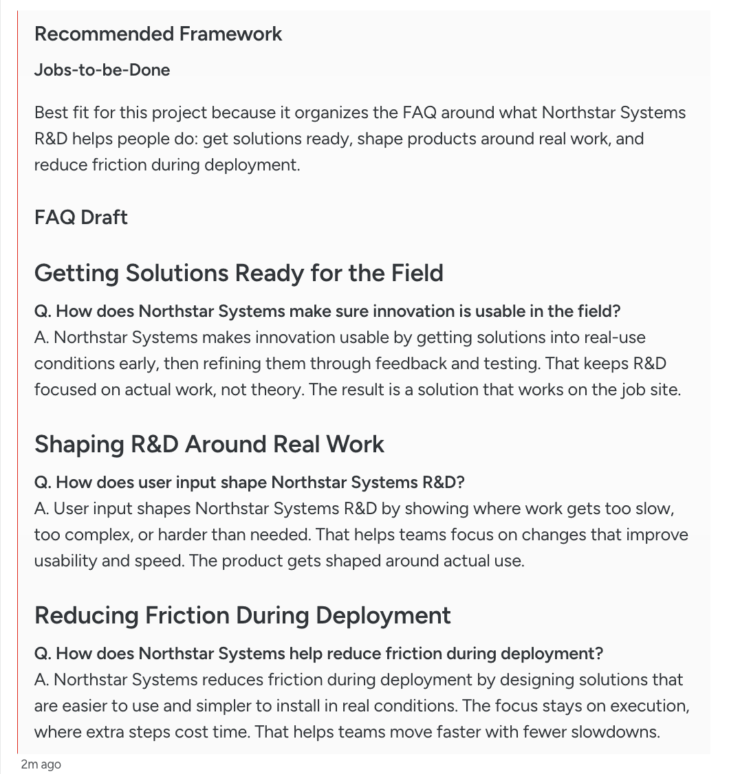 FAQ Writer output: Jobs-to-be-Done framework recommendation and drafted FAQ sections organized around practical audience needs