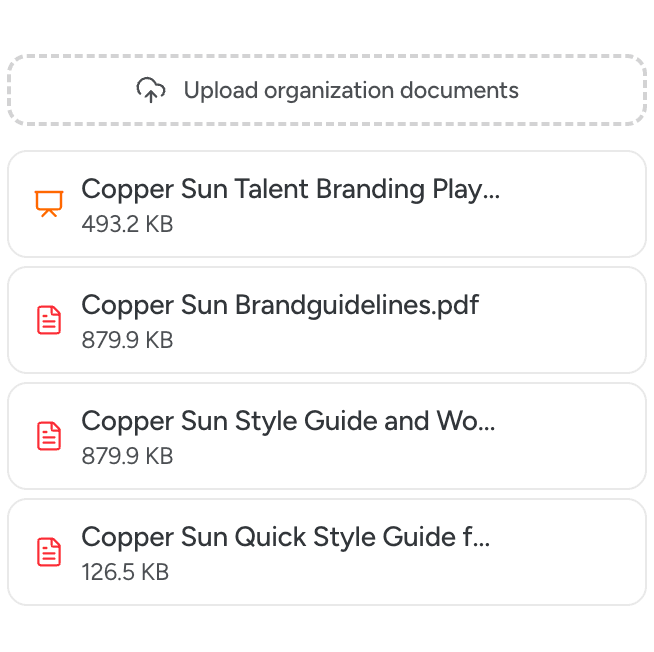 Organization documents: brand guidelines, style guides, and branding playbook uploaded and available across all projects